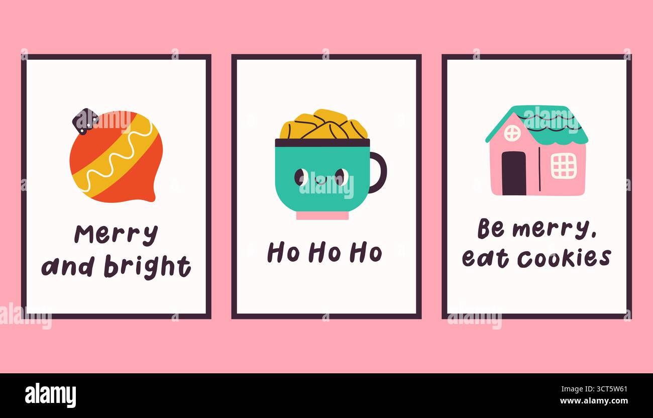 Sammlung von drei einfachen Neujahrs- und Weihnachtsplakaten. Trendige Winter Vektor Poster Set mit Zitaten. Handgezeichnete Kuschelplakate für Wohnkultur Stock Vektor