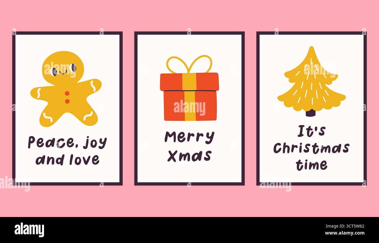 Sammlung von drei einfachen Neujahrs- und Weihnachtsplakaten. Trendige Winter Vektor Poster Set mit Zitaten. Handgezeichnete Kuschelplakate für Wohnkultur Stock Vektor