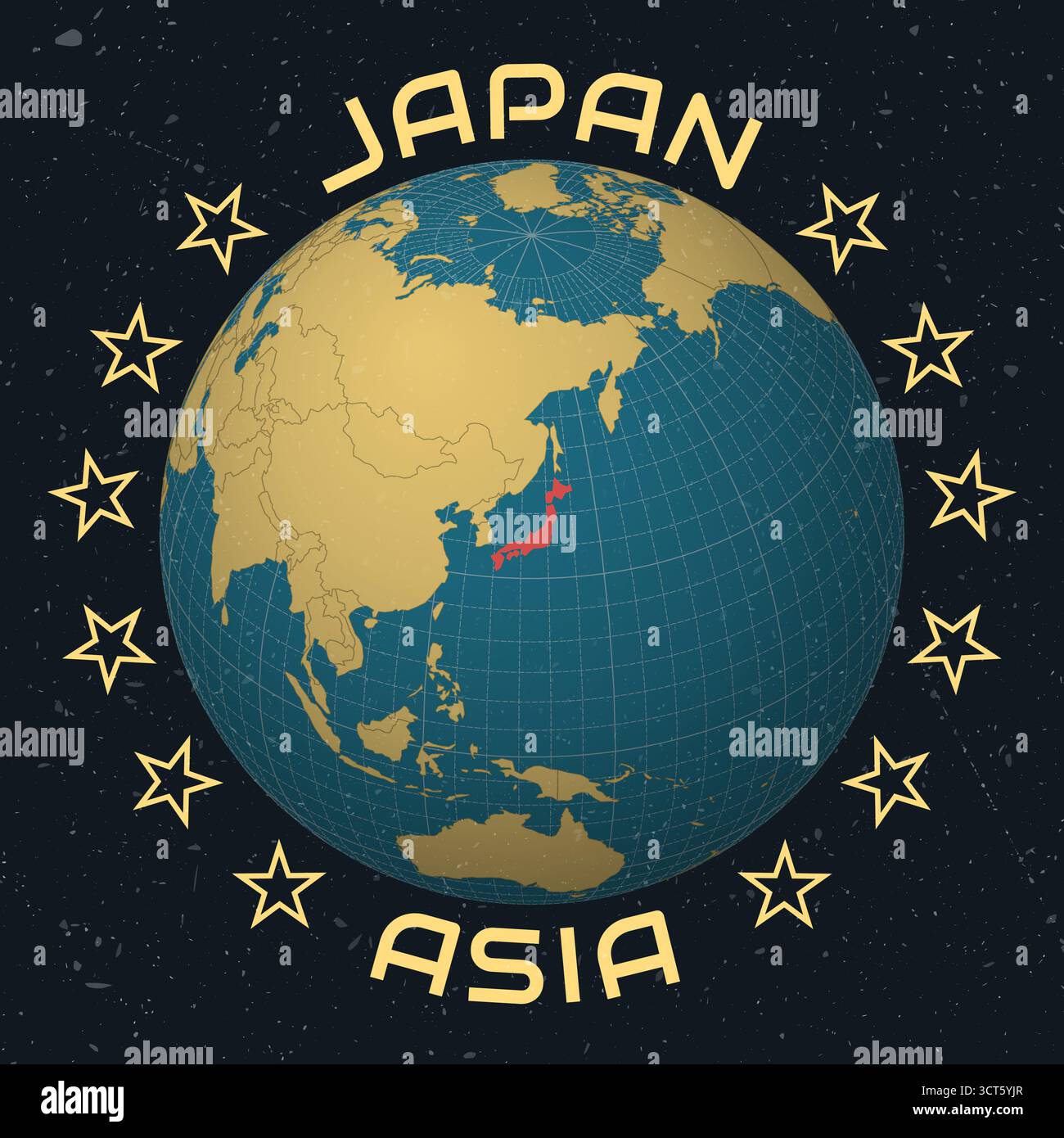 Japan auf Globe. Ländername in rundem Text. Vintage-Look mit zerkratzter Grunge-Textur. Stock Vektor
