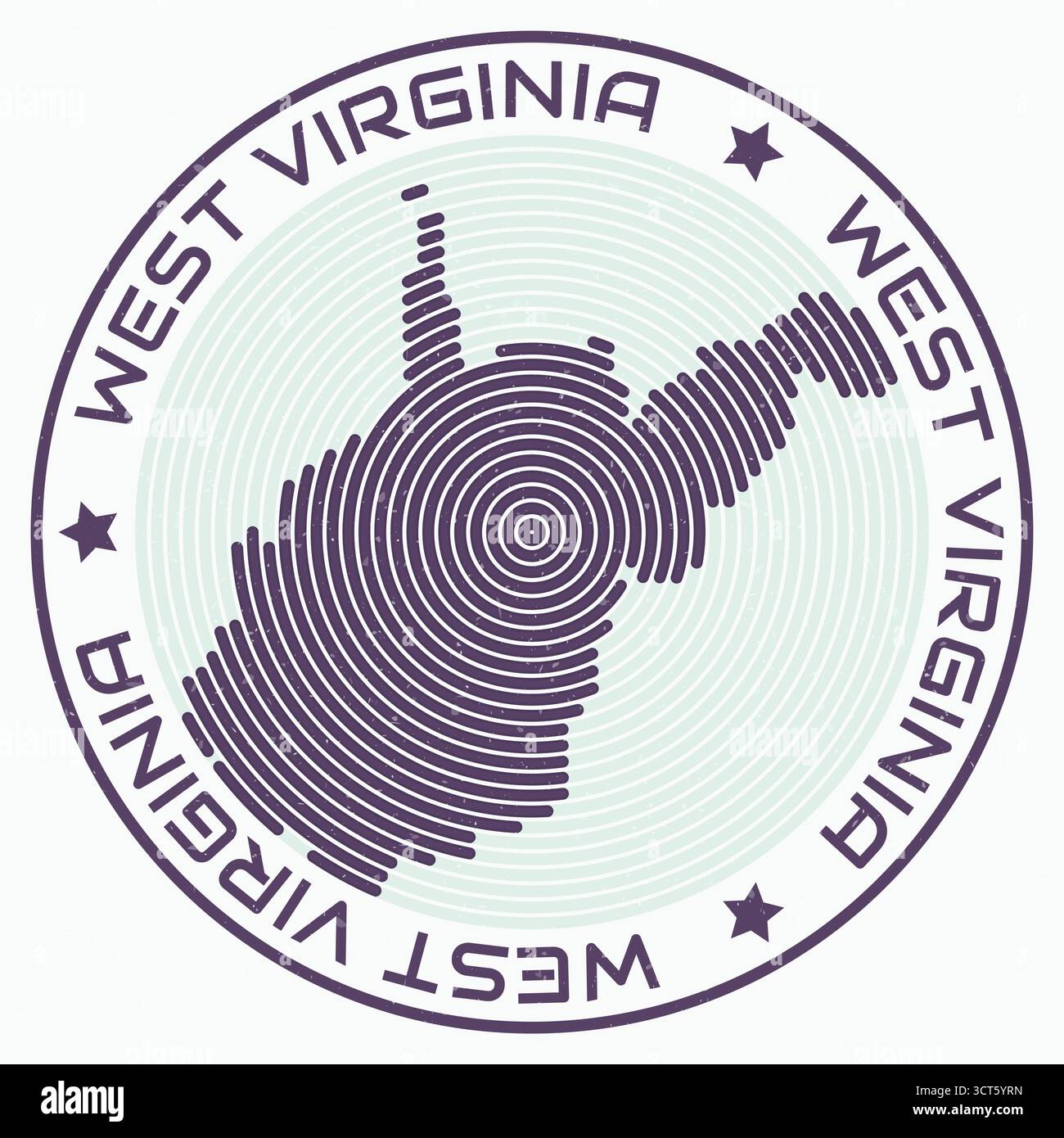West Virginia Karte mit rundem Titel. Geben Sie die Formringe an. Text in West Virginia um die Form der Staatsgrenze. Wunderschöne Vektorillustration. Stock Vektor