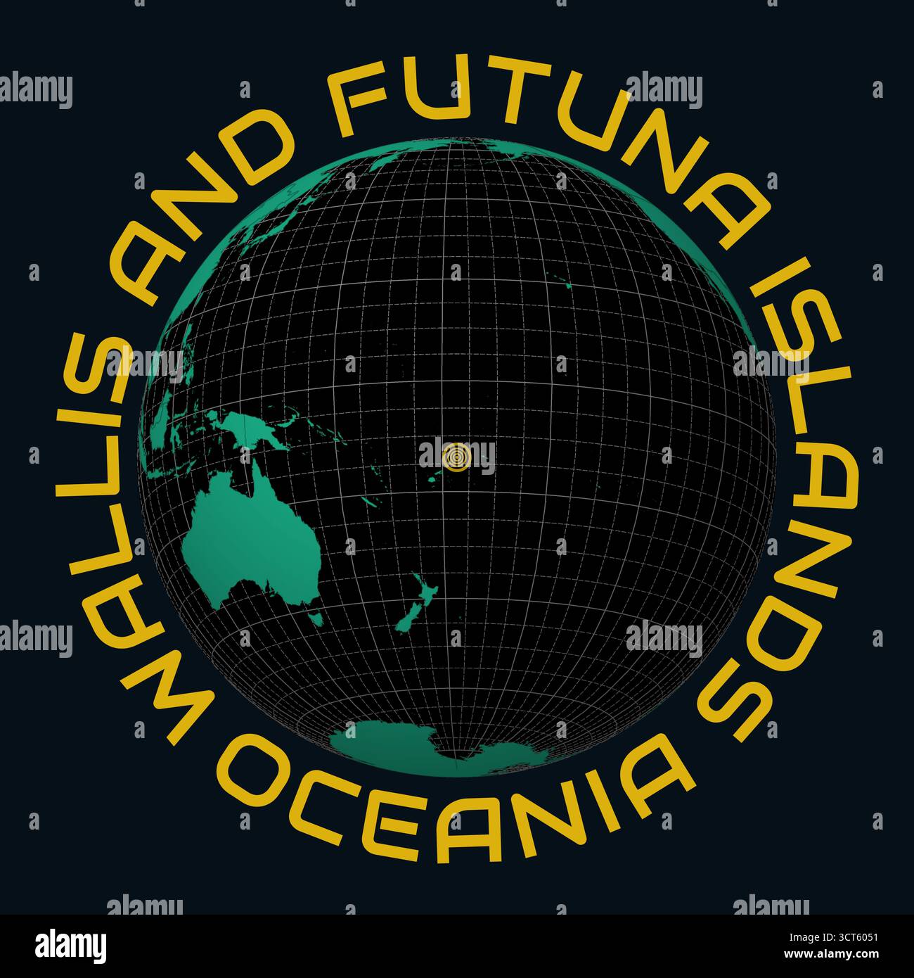 Wallis- und Futuna-Inseln auf Globe. Runder Text für Land und Kontinent. Länderansicht auf Weltkarte in der Farbpalette Black Emerald. Stock Vektor