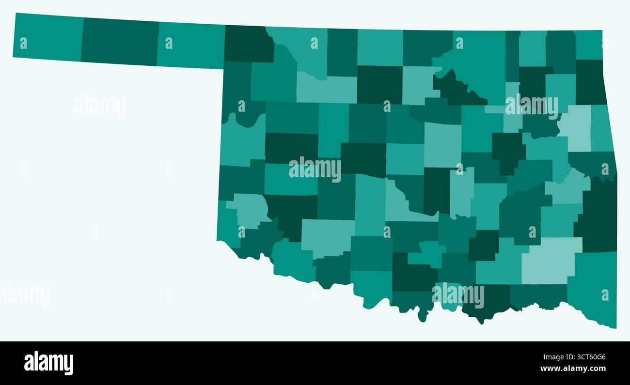 Karte von Oklahoma mit Countys. Einfache Grenzkarte mit Bezirkseinteilung. Farbpalette Petrol. Stock Vektor