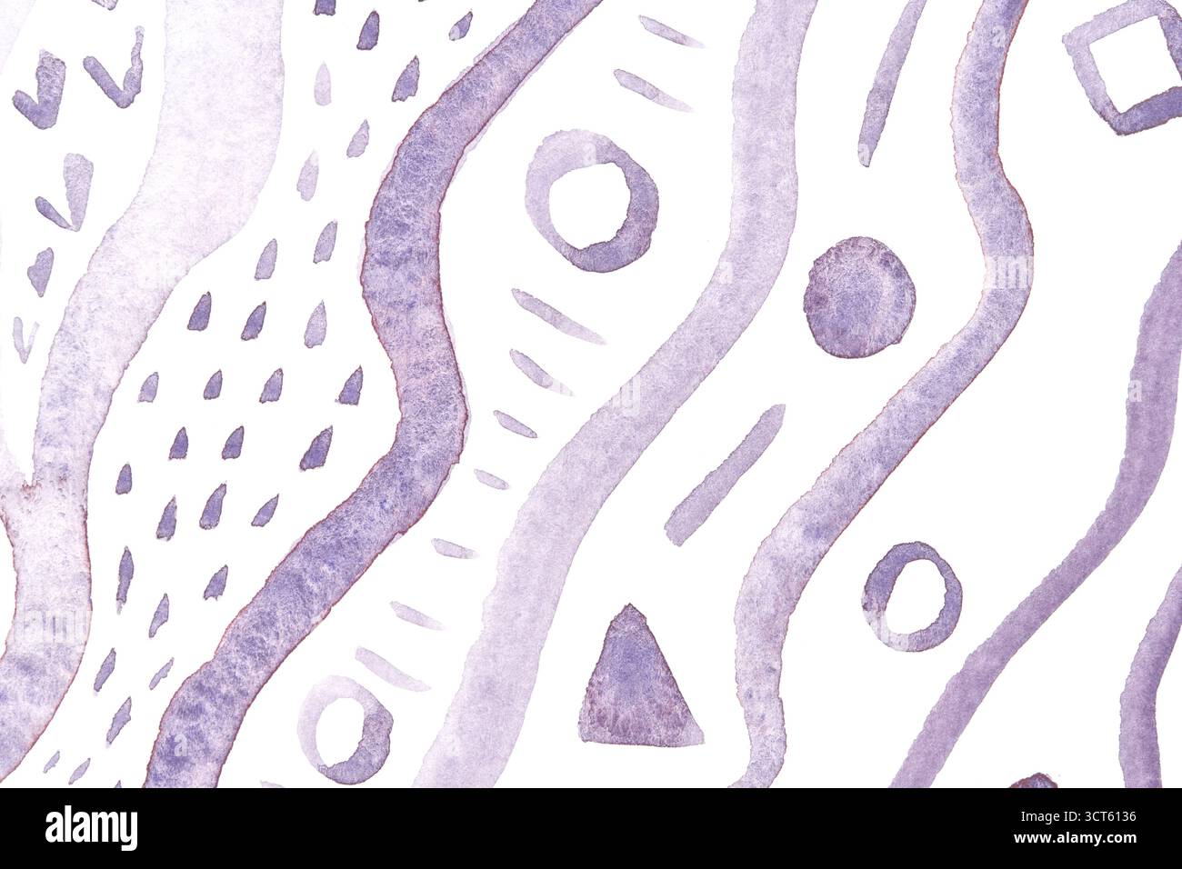 Abstraktes lila Aquarellmuster mit geometrischen Formen auf weißem Hintergrund. Stockfoto