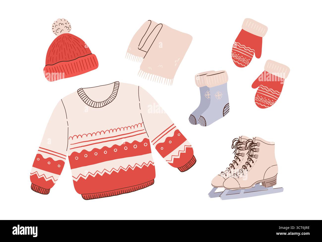 Cartoon Winterkleidung und Accessoires Vektor Illustration. Hässliche Weihnachtspullover, Fäustlinge, Schal, Socken, Hut und Schlittschuhset. Stock Vektor
