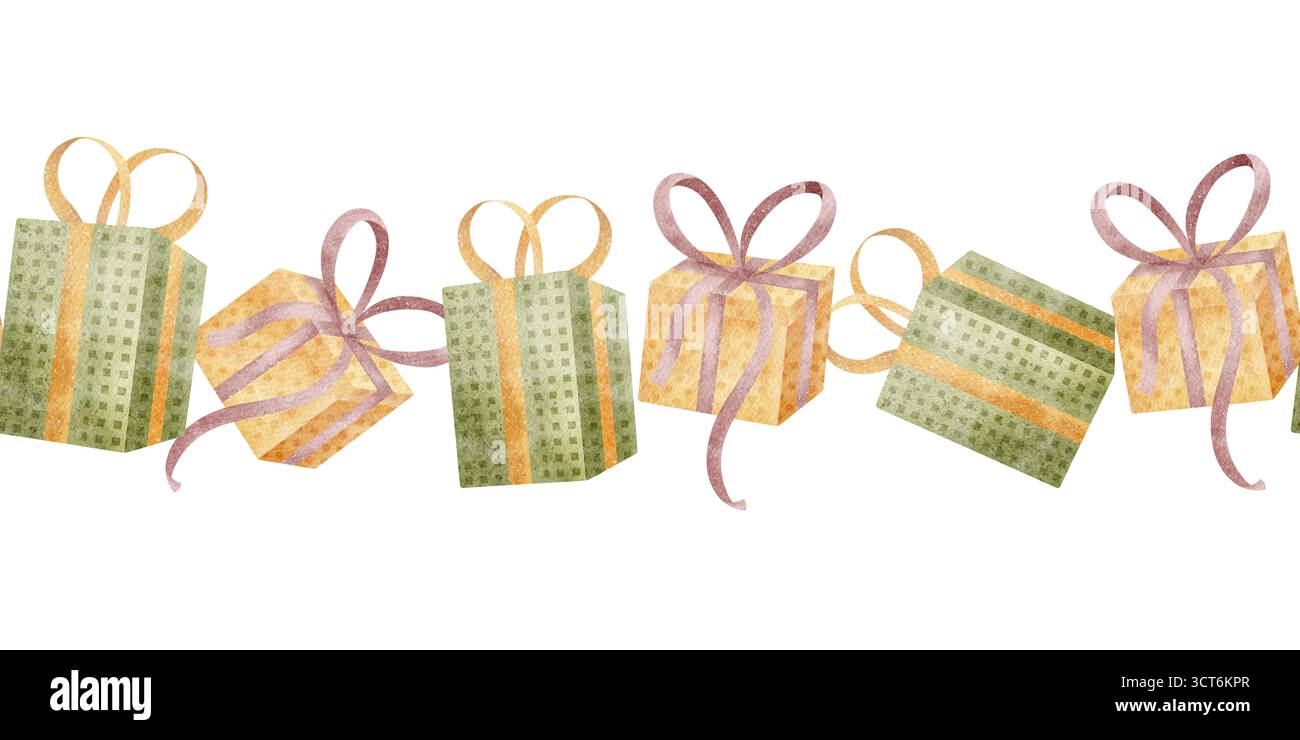 Bunten Geschenkboxen mit Schleife umrandet. Handgezeichnete Aquarellillustration im kindlichen Stil. Nahtloses Banner isoliert vom Hintergrund für Stockfoto