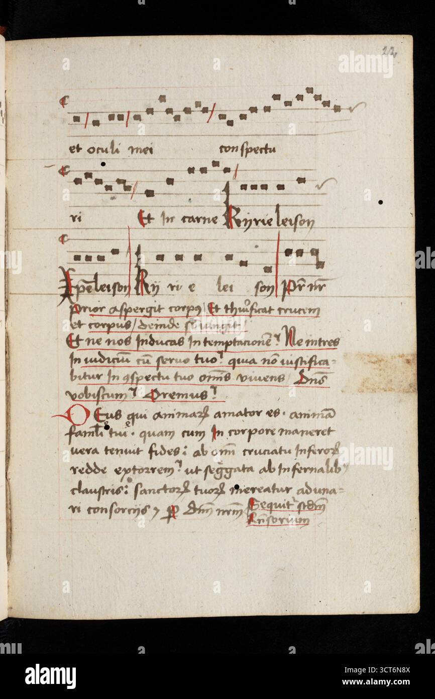 Seite mittelalterlicher Musik in einem Obsequiale, geschrieben von Prior Jacob Lauber im 15. Oder 16. Jahrhundert in eigener Hand, die das Totenamt der Kartause in Basel leitet. Stockfoto