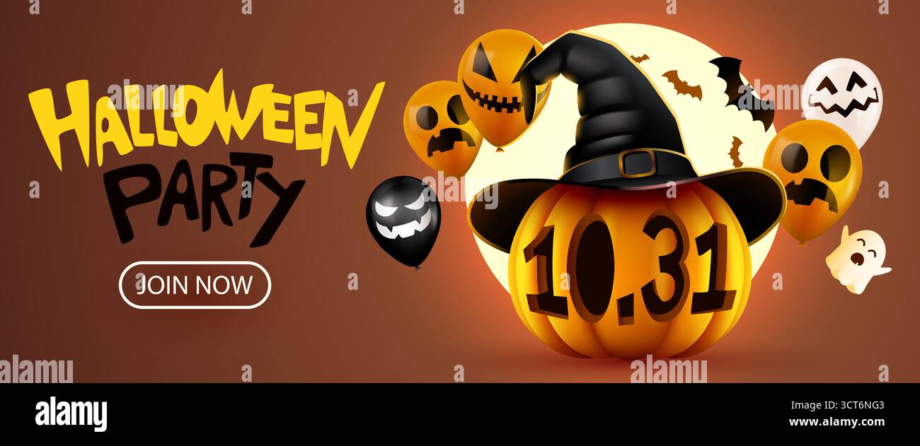 Gruseliges Banner für die Halloween-Party mit Kürbis mit Hexenhut und 10,31er-Datum, perfekt für saisonale Veranstaltungen. Vektorabbildung Stock Vektor