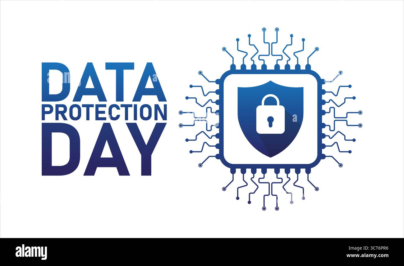 Grafik zum Tag des Datenschutzes – Cybersecurity Shield und Microchip Icon für digitale Sicherheit. Vektor-Webbanner, Hintergrund, Poster, Postkarte, t Stock Vektor