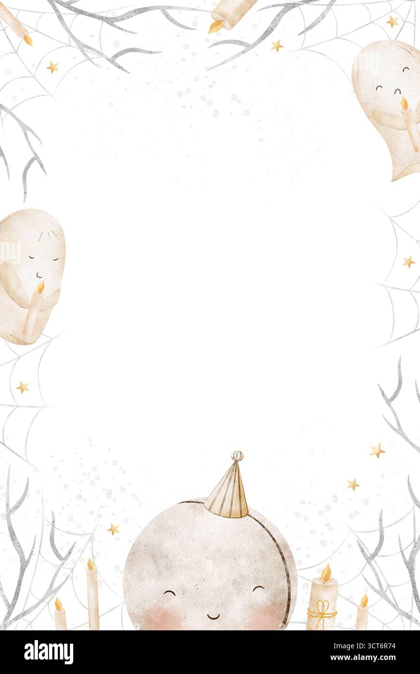 Rahmen Mond, halloween-Geister, Kerzen, Spinnweben, Äste. Handgezeichnete Aquarellillustration im kindlichen Stil, isoliert vom Hintergrund für Design Stockfoto