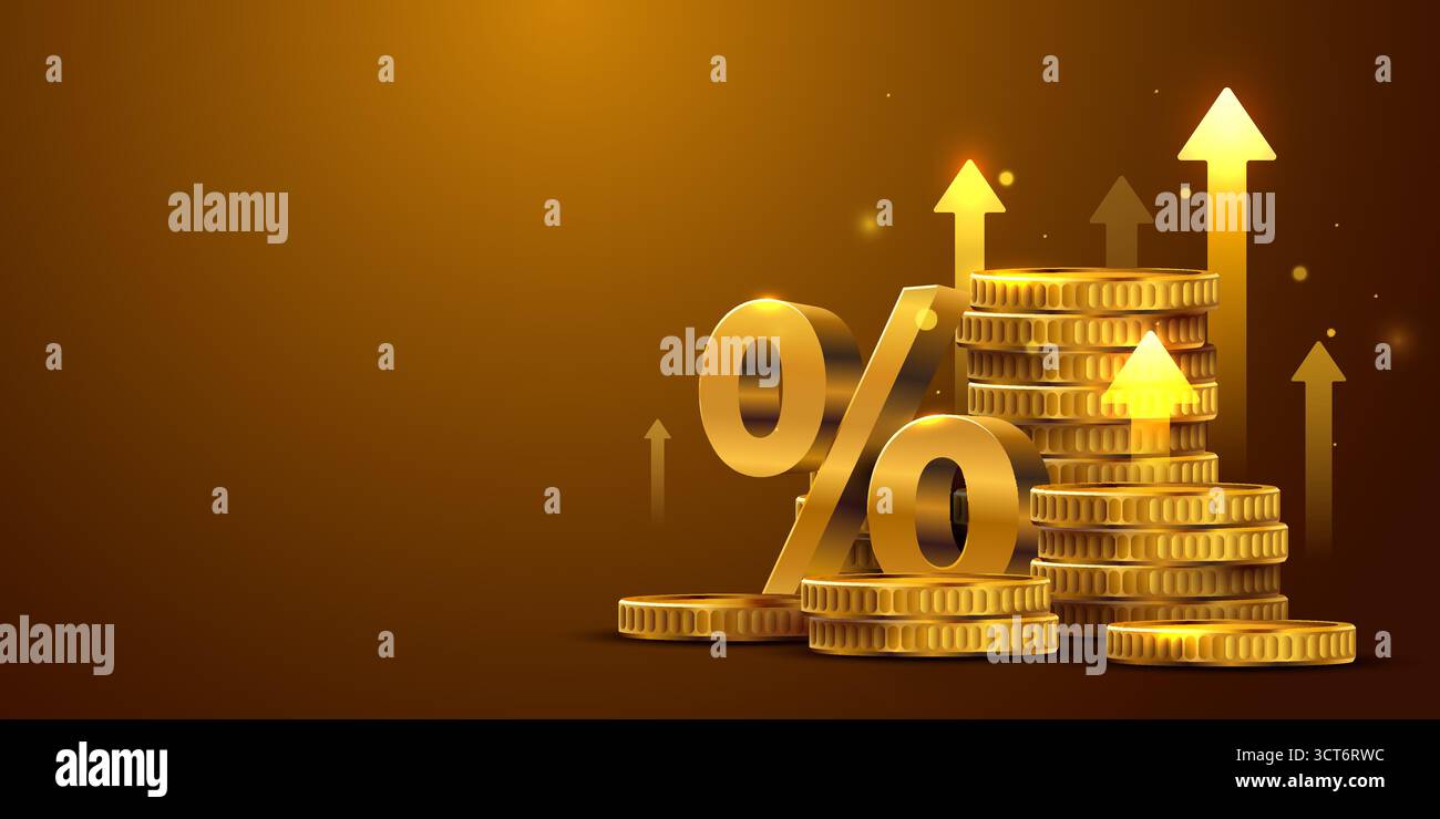Goldener Prozentsatz, Münzen und Aufwärtspfeile. Veranschaulicht Finanzwachstum, steigende Gewinne und Investitionen. Vektorabbildung. Stock Vektor
