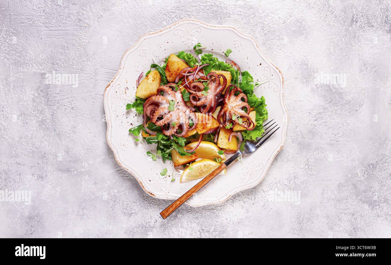 Gegrillter Tintenfisch mit gebackenen Kartoffeln und frischen Kräutern, auf dekorativer Leuchtplatte, hausgemacht, keine Leute Stockfoto