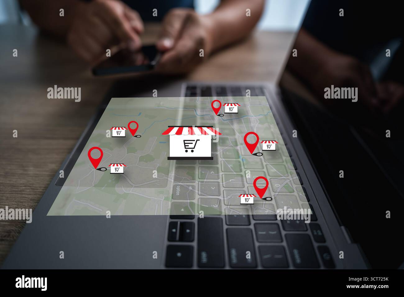 Lokale SEO-Filialsuchkarte auf Laptop mit roten Pins und Shop-Symbolen unterstützt Suche in der Nähe gps-Navigation Mobile Shopper Journey Business Stockfoto