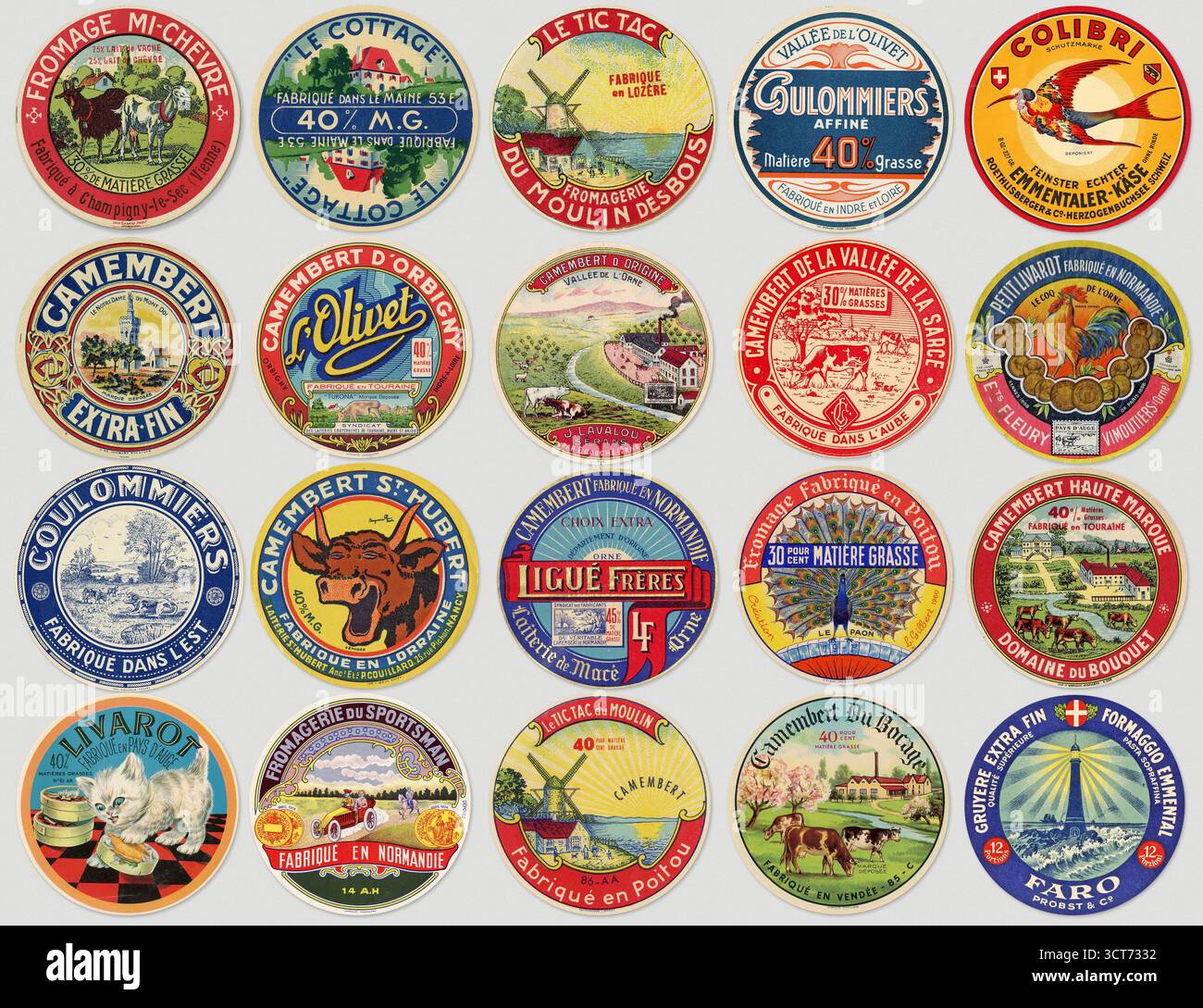 Design von originalen antiken Käsetiketten, authentische Retro-Lebensmittelverpackungen, Vintage-Produktdesign Stockfoto