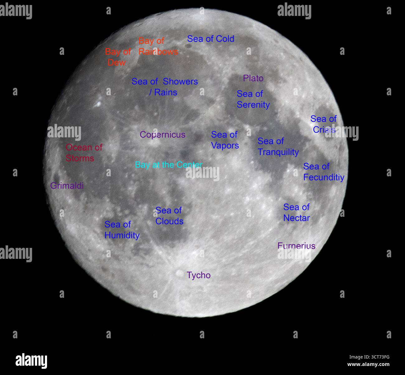 Der Mond mit benannten Merkmalen Seas Craters Buys Stockfoto