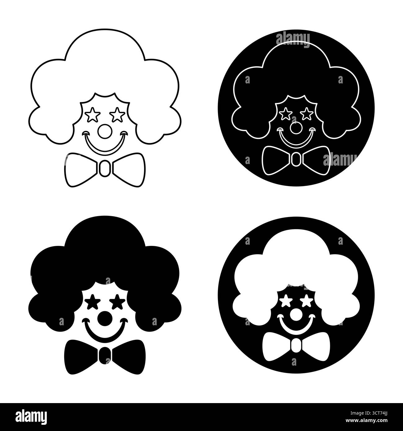 Clownsgesicht-Symbol-Set mit Afro-Haar- und Schleifenkrawatte-Illustration. Perfekt für Zirkusthemen, Unterhaltungsgrafiken, Partydekorationen für Kinder, Logos. Stock Vektor