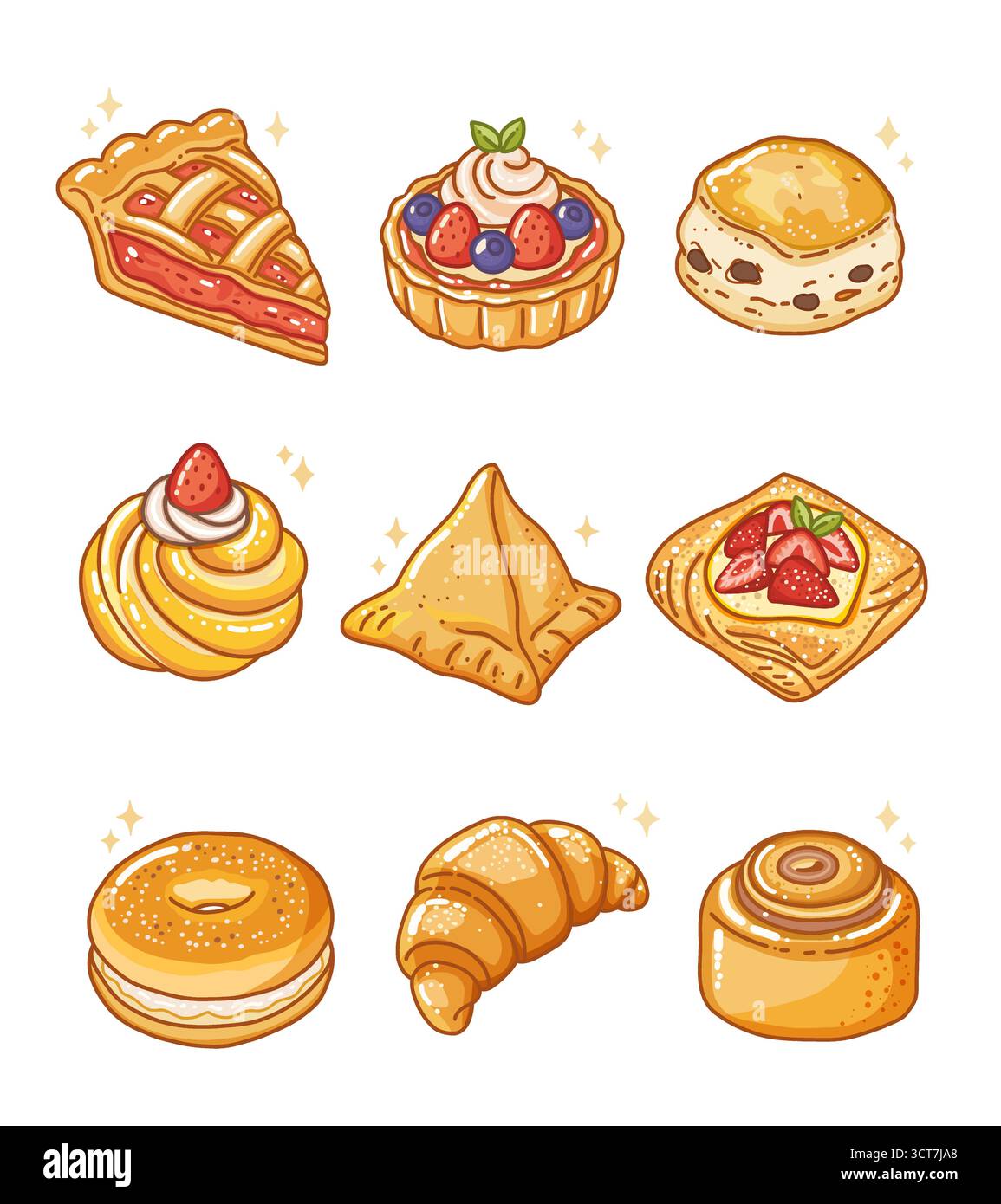 Niedlicher Zeichentrickvektor-Satz der populären Bäckerei und süßen Desserts. Umfasst Torte, Torte, Scone, Creme Puff, Umsatz, dänisch, Bagel, Croissant und Zimt Stock Vektor
