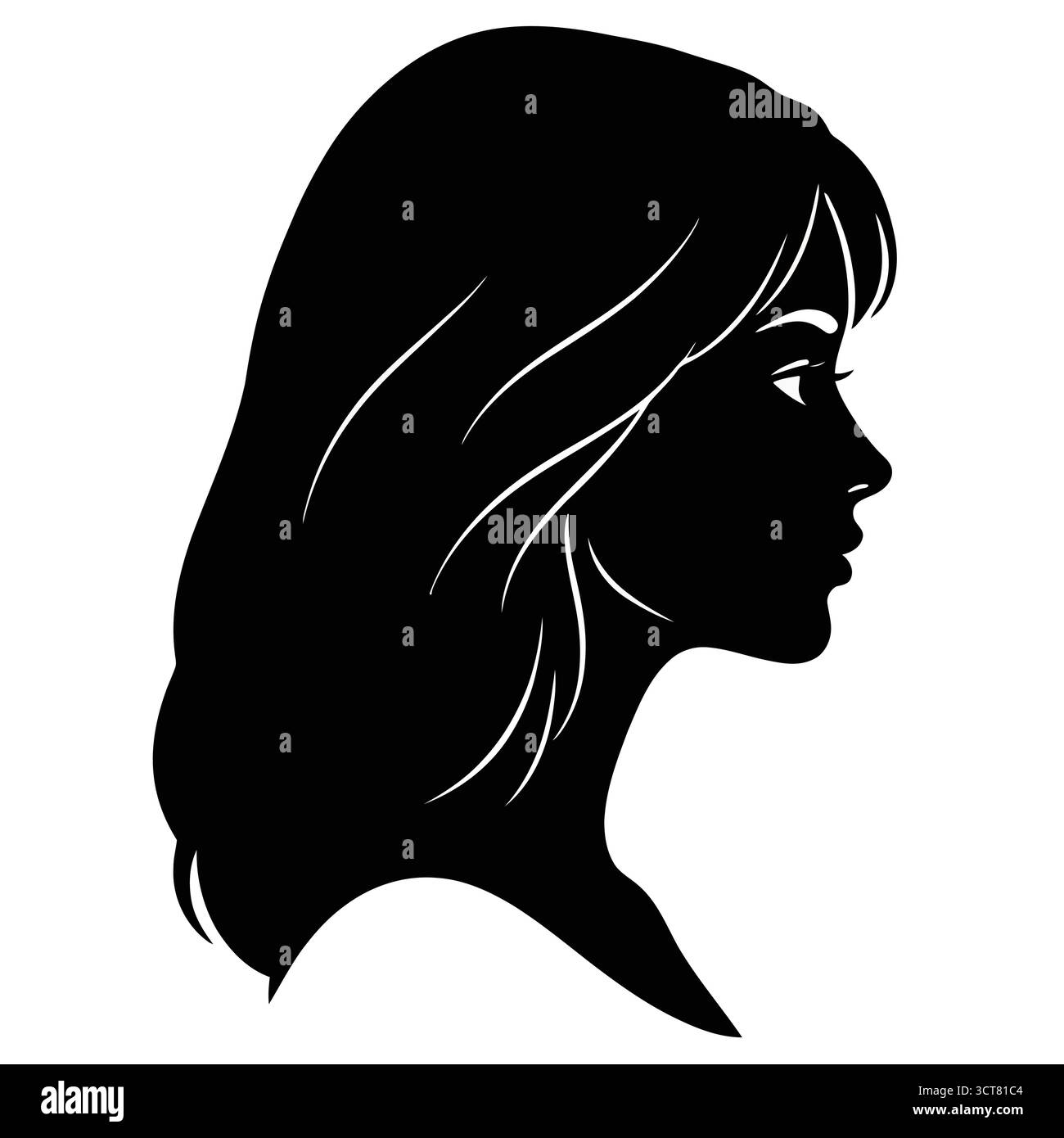 Diese elegante Stylenkunst-Illustration zeigt eine Frau in Profilansicht, die ihr fließendes Haar und ihre Gesichtszüge zeigt. Stock Vektor