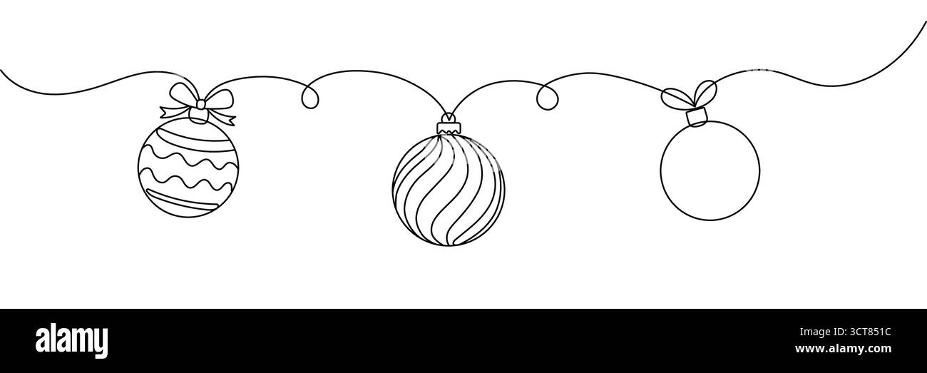 Durchgehende Linienzeichnung der Weihnachtskugeldekoration. Ein Kunstkonzept mit Kiefernbaumdekoration für frohe Weihnachten und frohe Neujahrsgrüße ca. Stock Vektor