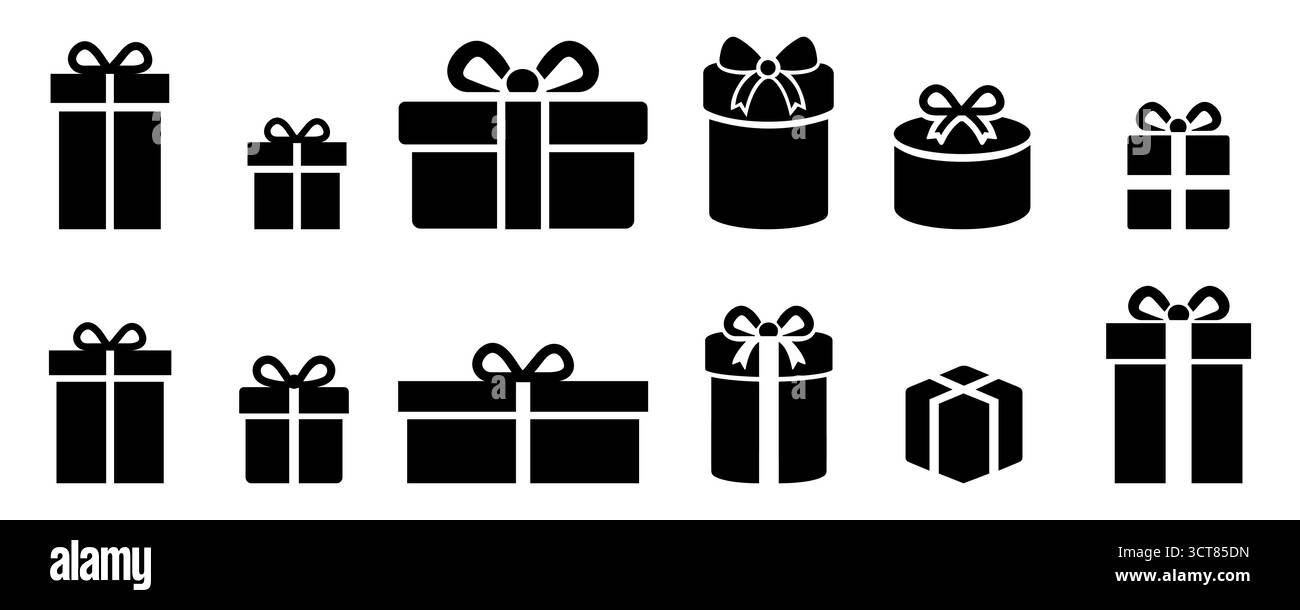 Geschenkboxen-Symbole im schwarzen flachen Stil. Geschenkboxen mit Bändchen-Symbolen. Geschenkbox mit flacher Silhouette Stock Vektor