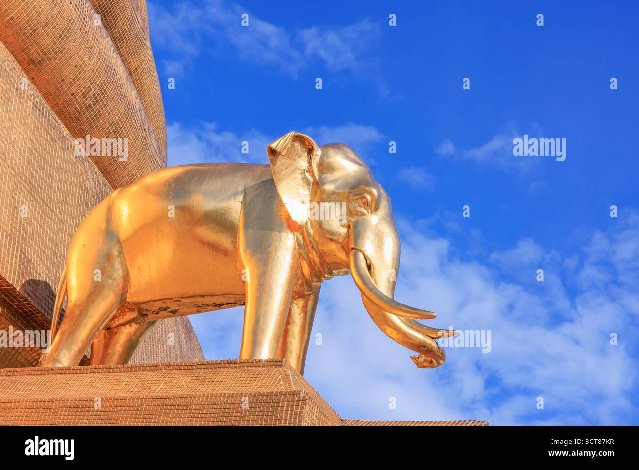 Goldener Elefant vor der goldenen Stupa im Wat Benchamabophit, Bangkok, Thailand Stockfoto