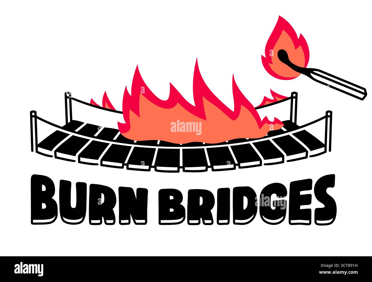 Hölzerne Hängebrücke auf Feuer mit beleuchtetem Streichholz und Text „Burn Bridges“. Handgezeichnete Zeichnung, Vektorillustration. Stock Vektor