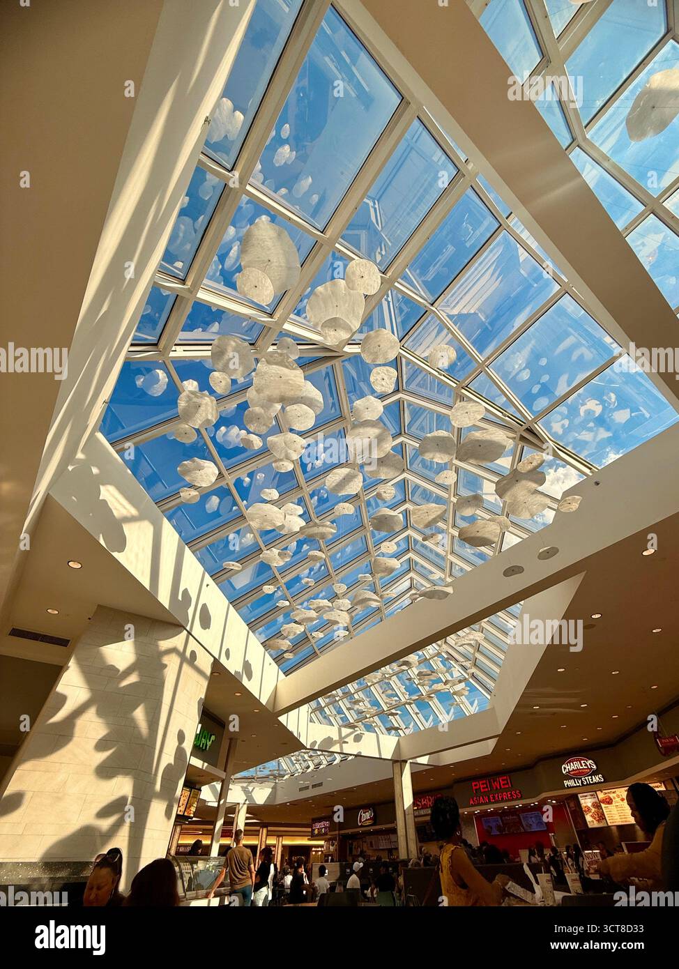 Glasoberlicht und hängende Wolkenskulpturen im Einkaufszentrum, USA - Smartphone-aufgenommenes Stockfoto