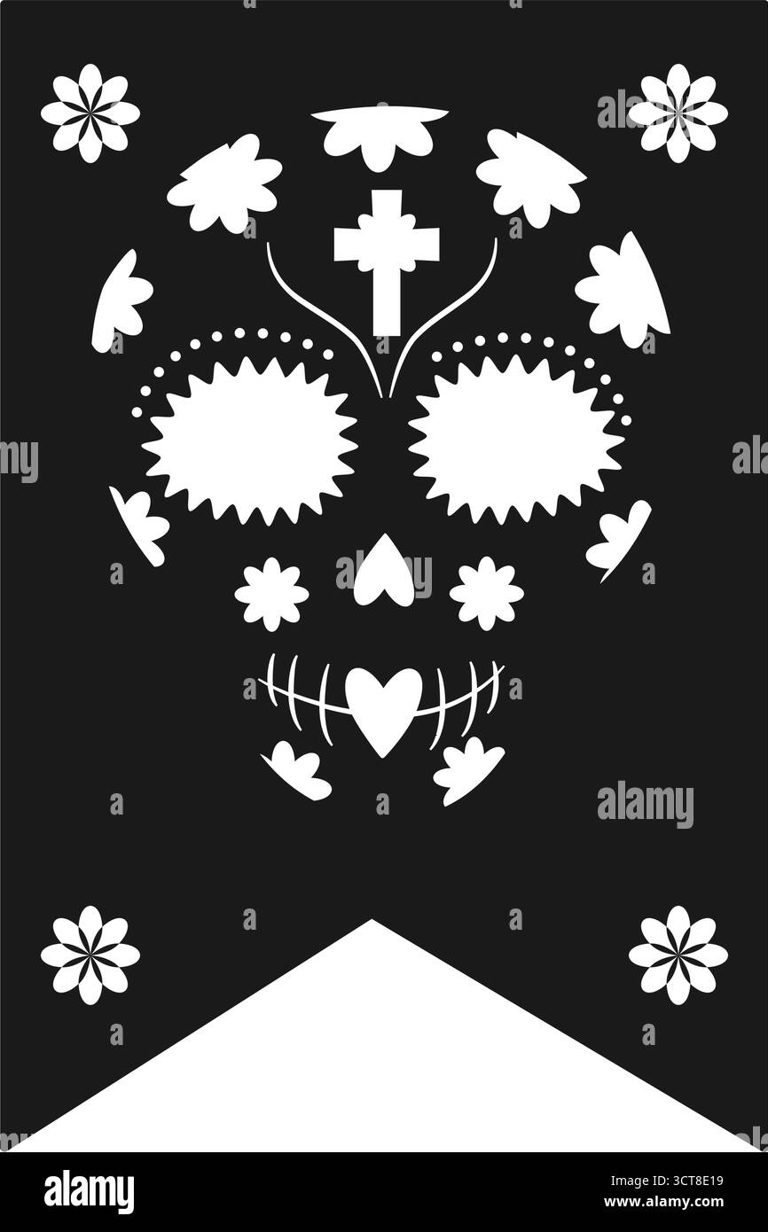 Day of the Dead Pennant mit Sugar Skull und Blumen aus dunklem Material mexikanischem Weihnachtsdesign. Isolierte Vektor-Illustration mexikanische Feiertage verwandter Inhalt Grußkarten, Faltblatt, Post Stock Vektor
