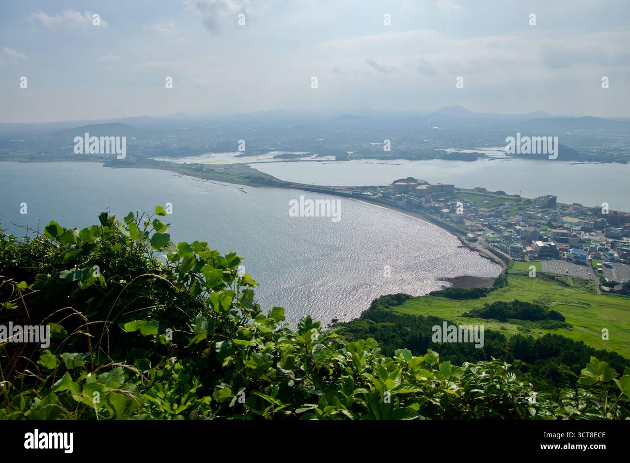 Von Seongsan Ilchulbong nach Westen blickt ein weitläufiger Buchtbogen an die Siedlung, mit flachem Wasser, das unter bewachsenen Hängen und niedrigem Volumen glitzert Stockfoto