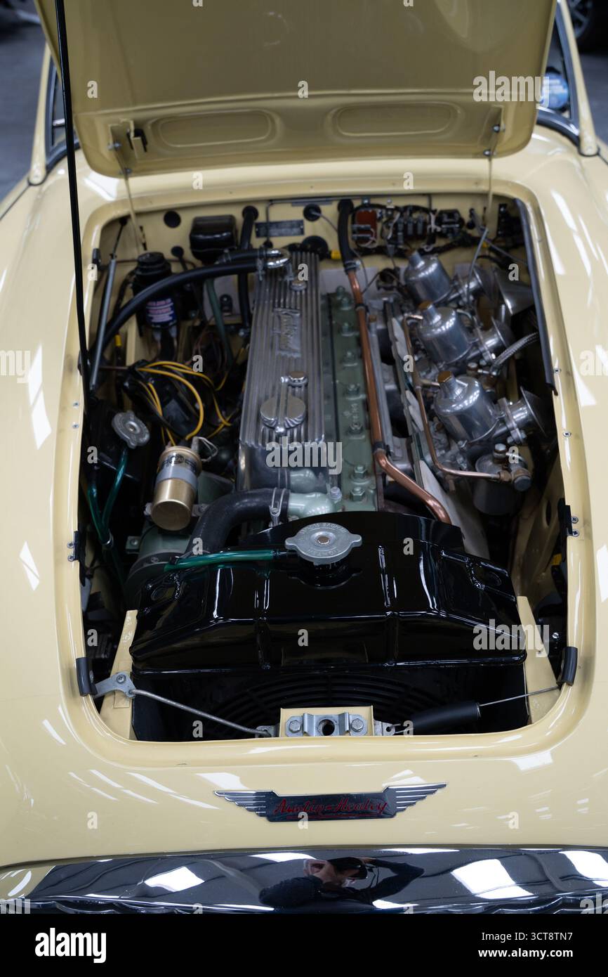 Motorraum für Oldtimer mit offener Motorhaube mit detaillierten Motorkomponenten Stockfoto