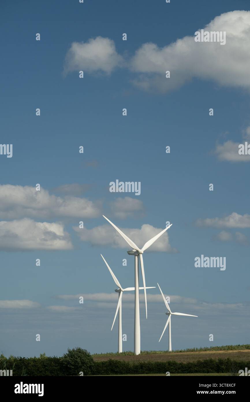 Weiße Windturbinen am Hang vor blauem Himmel mit flauschigen Wolken in Northumberland Stockfoto