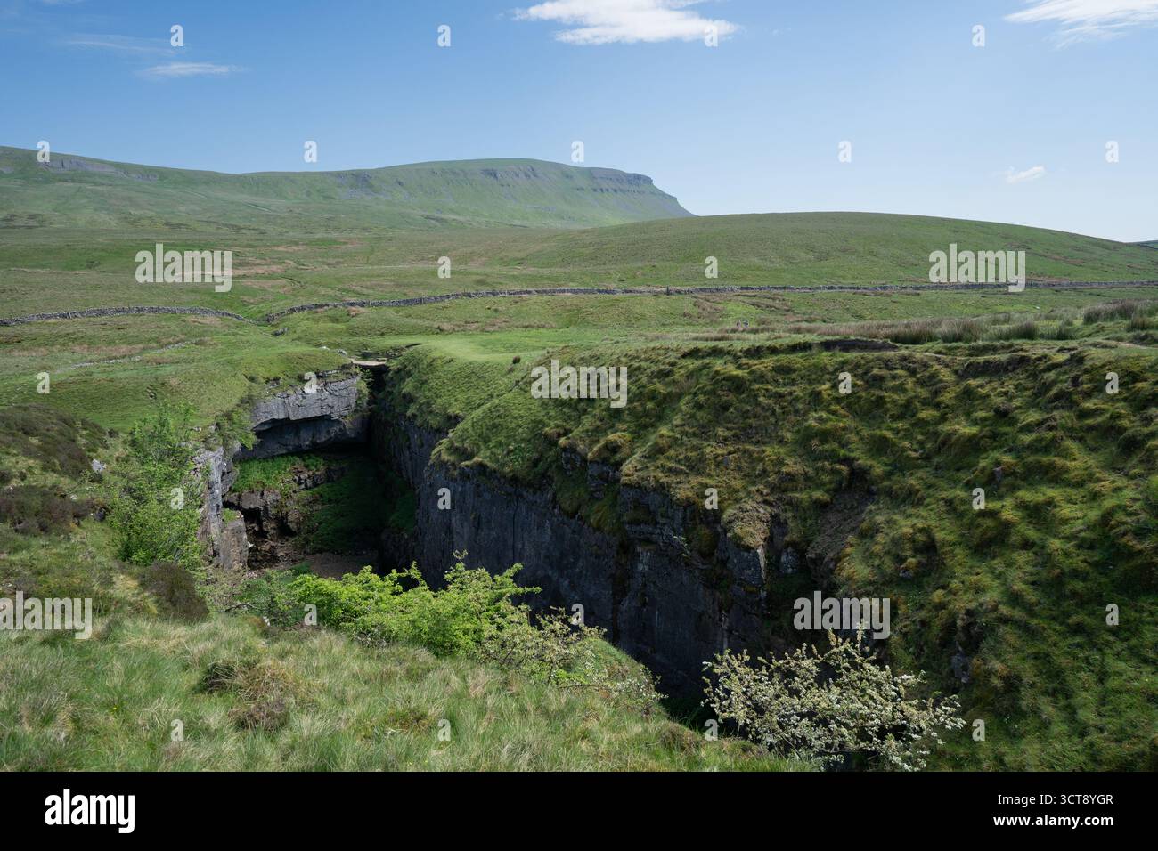 Dramatische Kalksteinschlucht, die sich durch die Moorlandschaft der Yorkshire Dales zieht Stockfoto