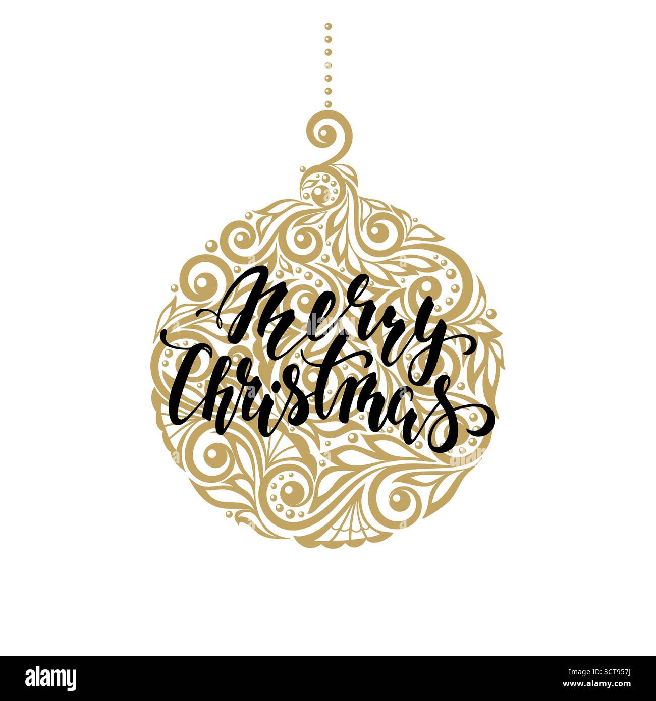 Hängende Weihnachtskugel mit einem Blumenwirbel. Handgezeichneter Kalligraphie-Schriftzug „Merry Christmas“ Stock Vektor