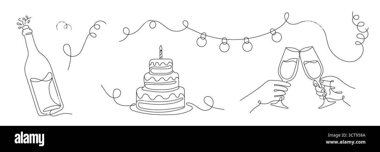 Eine durchgehende Linienzeichnung einer Feier mit Champagner, Kuchen und anklirenden Gläsern. Eine minimalistische, einzeilige Illustration für Geburtstag, Hochzeit, Stock Vektor
