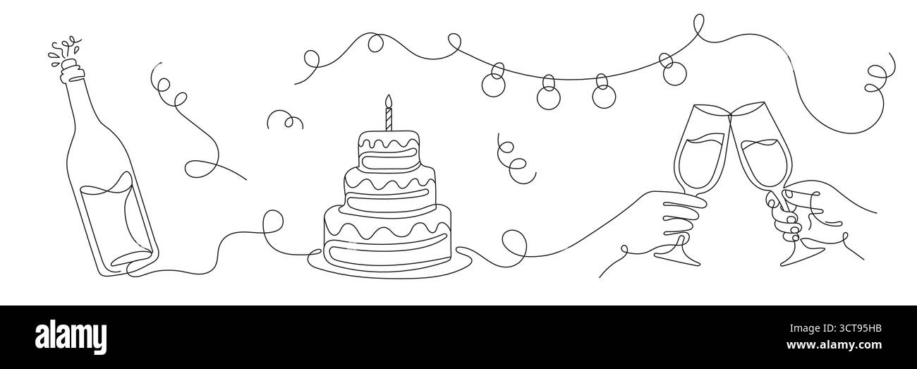 Eine durchgehende Linienzeichnung einer Feier mit Champagner, Kuchen und anklirenden Gläsern. Eine minimalistische, einzeilige Illustration für Geburtstag, Hochzeit, Stock Vektor