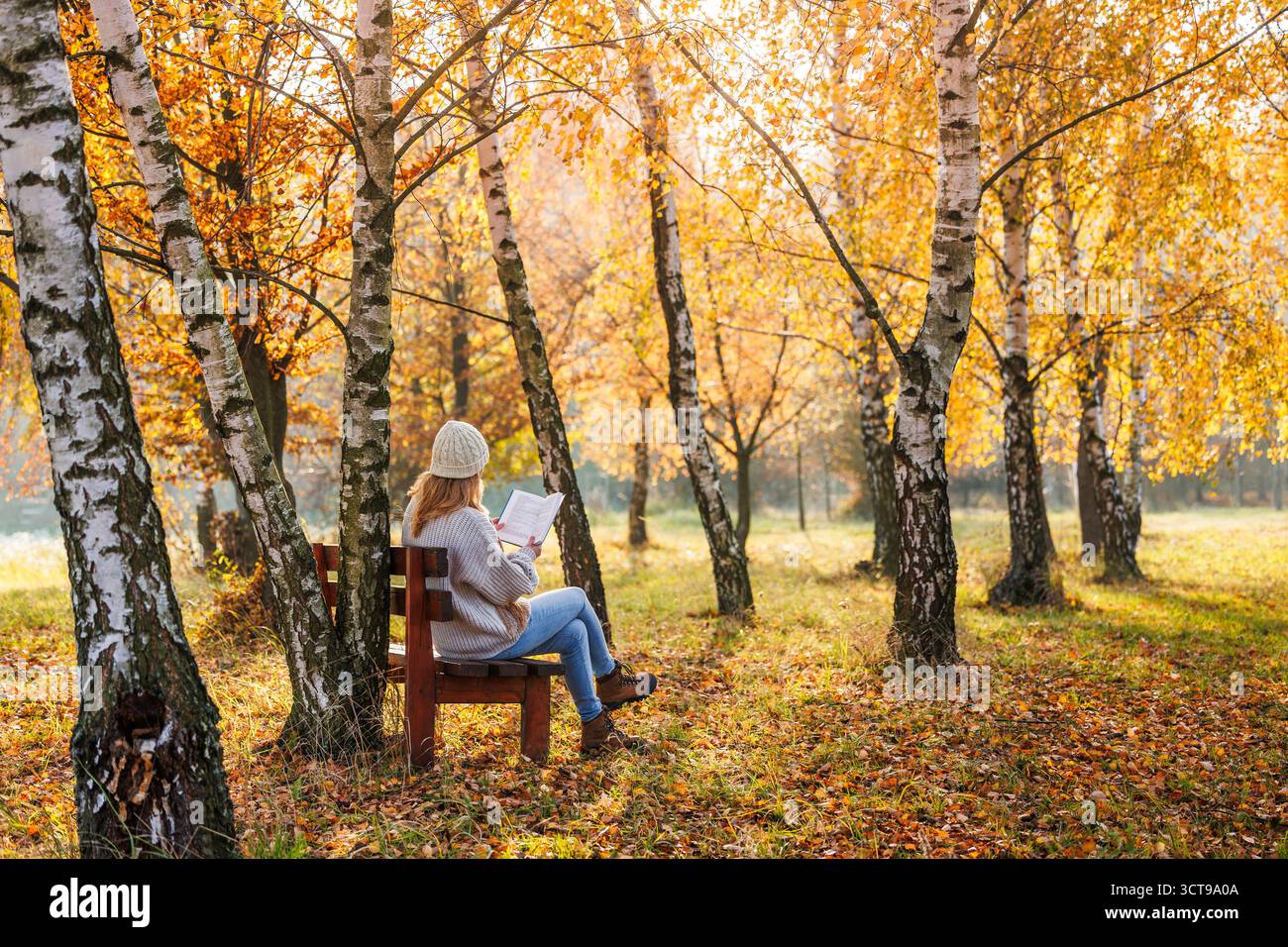Digitale Detox, geistiges Wohlbefinden und Achtsamkeit im Freien. Frau, die im Herbstpark ein Buch liest Stockfoto