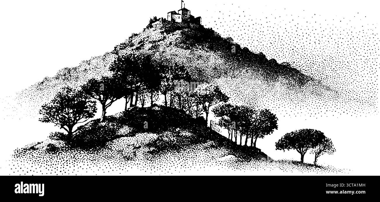 Schloss auf einem Hügel: Vintage-Dotwork-Kunst für Design und Dekor. Stock Vektor