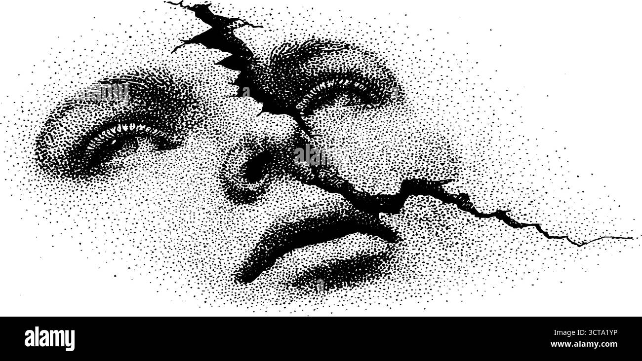 Stippelkunst eines gebrochenen Spiegels, der ein Gesicht reflektiert: Dotwork-Ätzkonzept für emotionalen Ausdruck. Stock Vektor