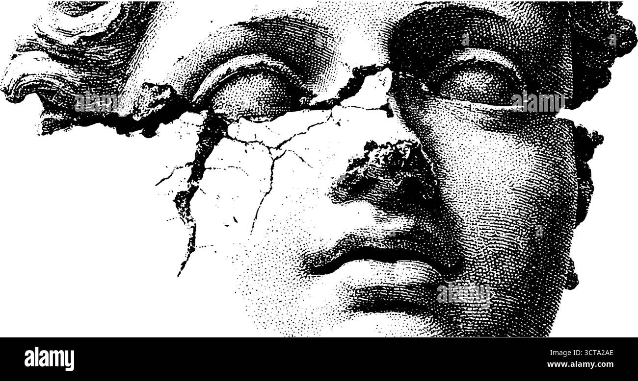 Komplizierte Dotwork-Stippling-Illustration eines zerrissenen Marmorskulpturgesichts. Stock Vektor
