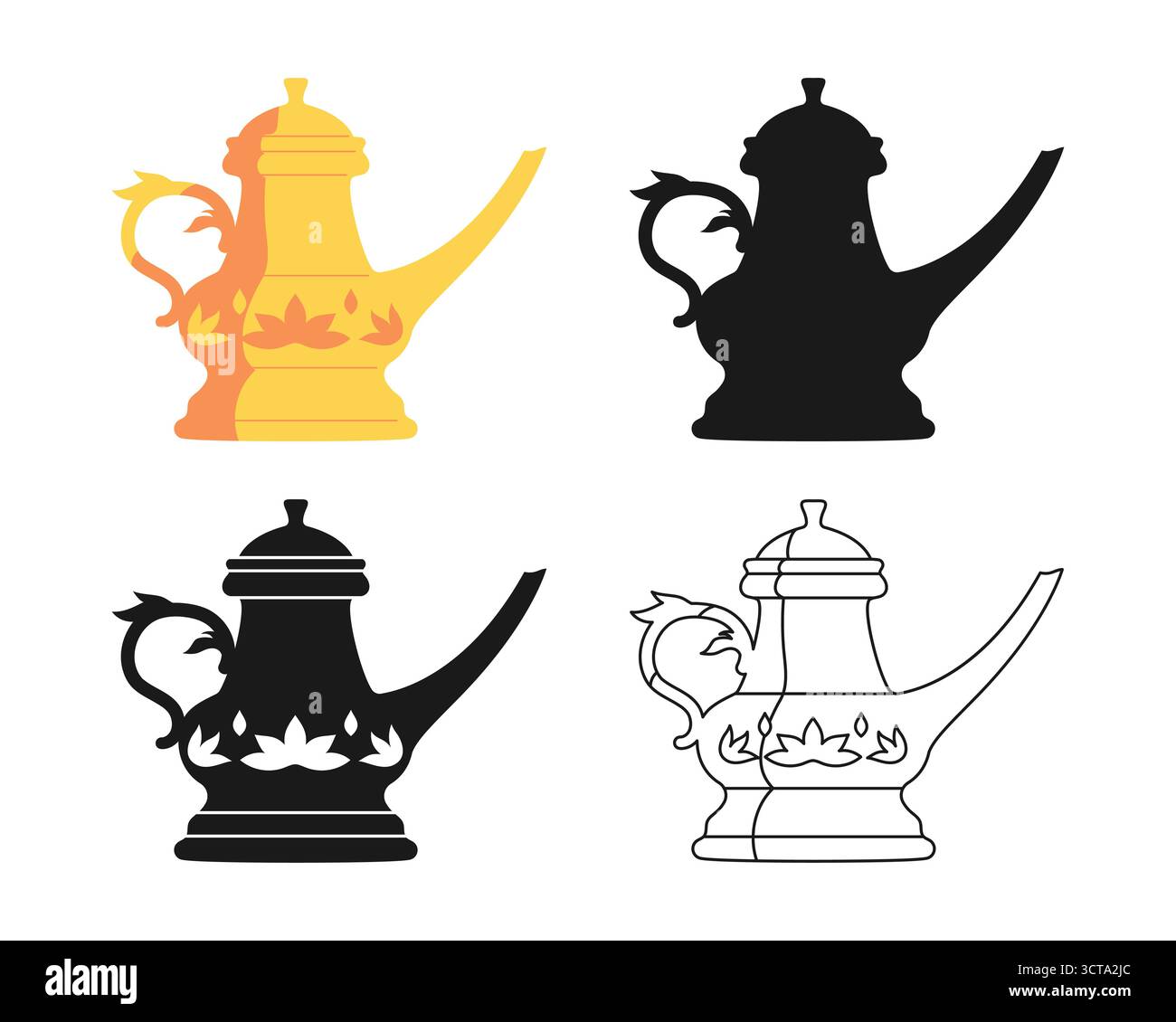 Teekanne Symbole Zeichentrickset. Vintage-Wasserkocher mit linearer Kritzelung und Silhouette. Abstrakt kindisch gezeichnetes einfaches Japan Teekanne Geschirr. Einfaches, stilisiertes Wasserkocher-grafisches Schild. Vektor-Clipart-Illustration Stock Vektor