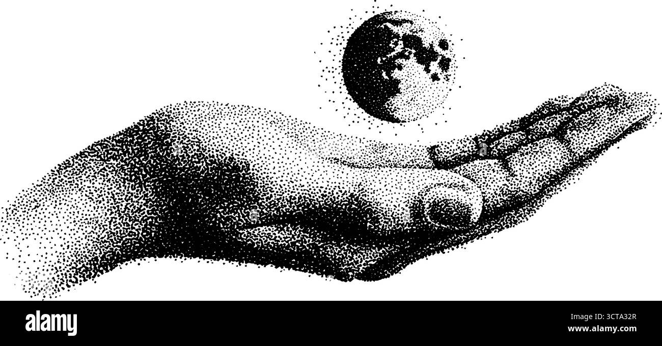 Aufwändiges Punktmuster aus Mondsichel und Hand für künstlerisches Dekor. Stock Vektor