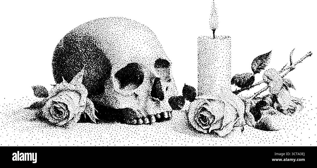Gotischer Schädel mit Rosen und Kerze in detaillierter Dotwork-Stipple-Illustration. Stock Vektor