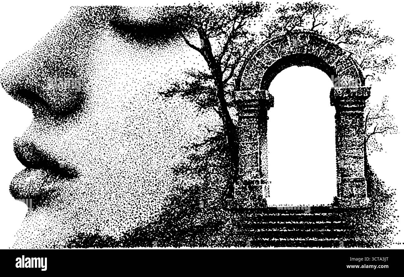 Künstlerische Verschmelzung von menschlichem Profil und antikem Bogen im Dotwork-Stil für kreatives Design. Stock Vektor