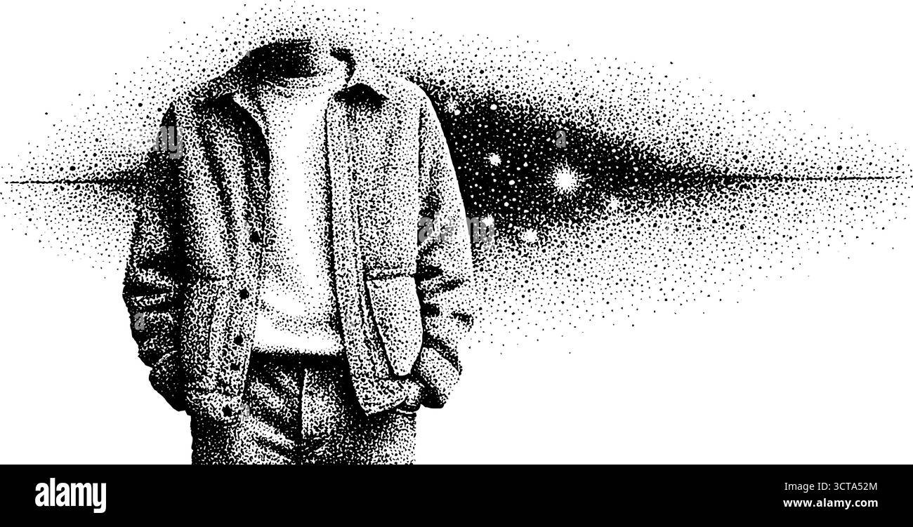 Kosmische Silhouette mit Jacke und Jeans im Stile mit Punktmuster für künstlerische Designs. Stock Vektor