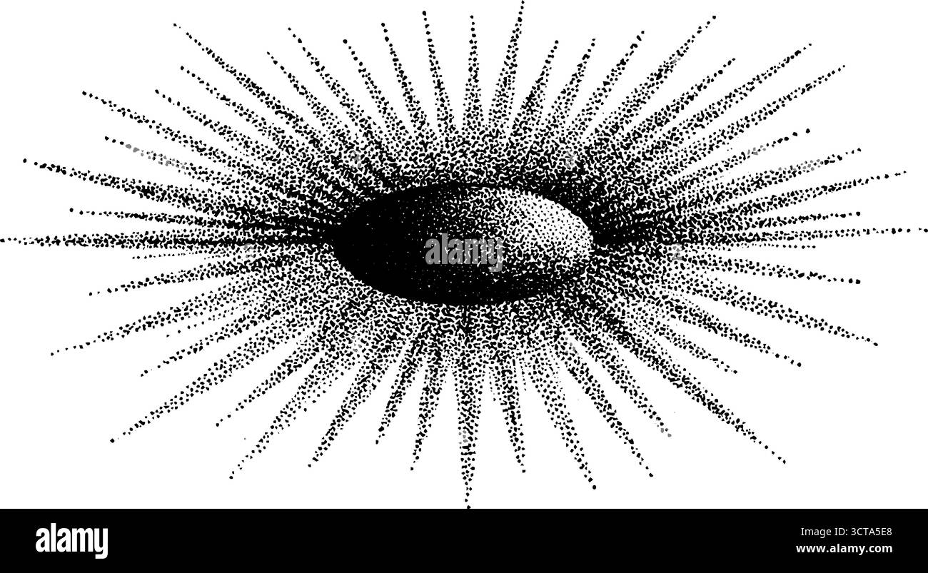 Detailgetreue Dotwork-Stippling-Illustration eines strahlenden Halos mit Ätzeffekt für künstlerische Gestaltung. Stock Vektor