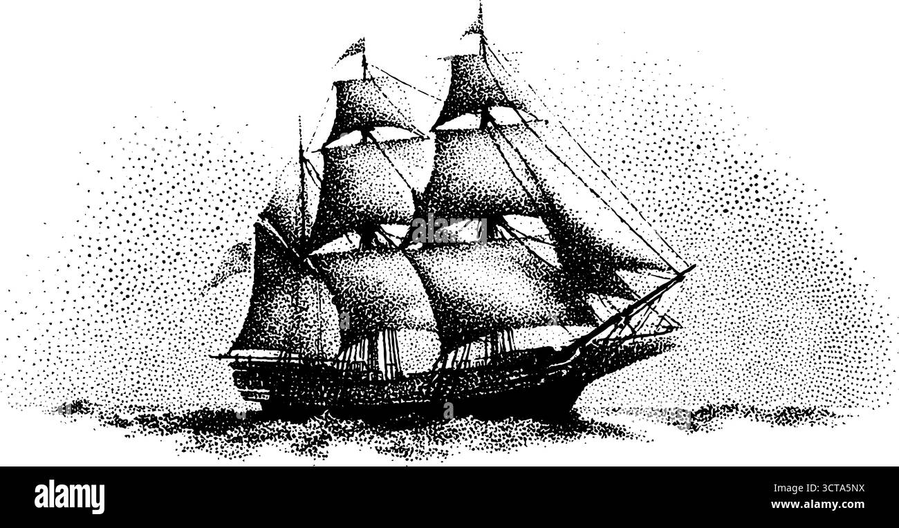 Vintage-Segelschiff-Dotwork-Design für nautische Poster und Drucke. Stock Vektor