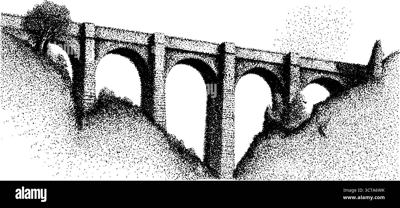 Detaillierte Darstellung einer Steinbrücke in malerischer Landschaft. Stock Vektor
