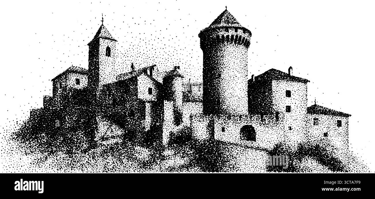 Vintage-Dotwork-Illustration eines alten Schlosses mit Stippeln und Halbtondetails für künstlerisches Design. Stock Vektor
