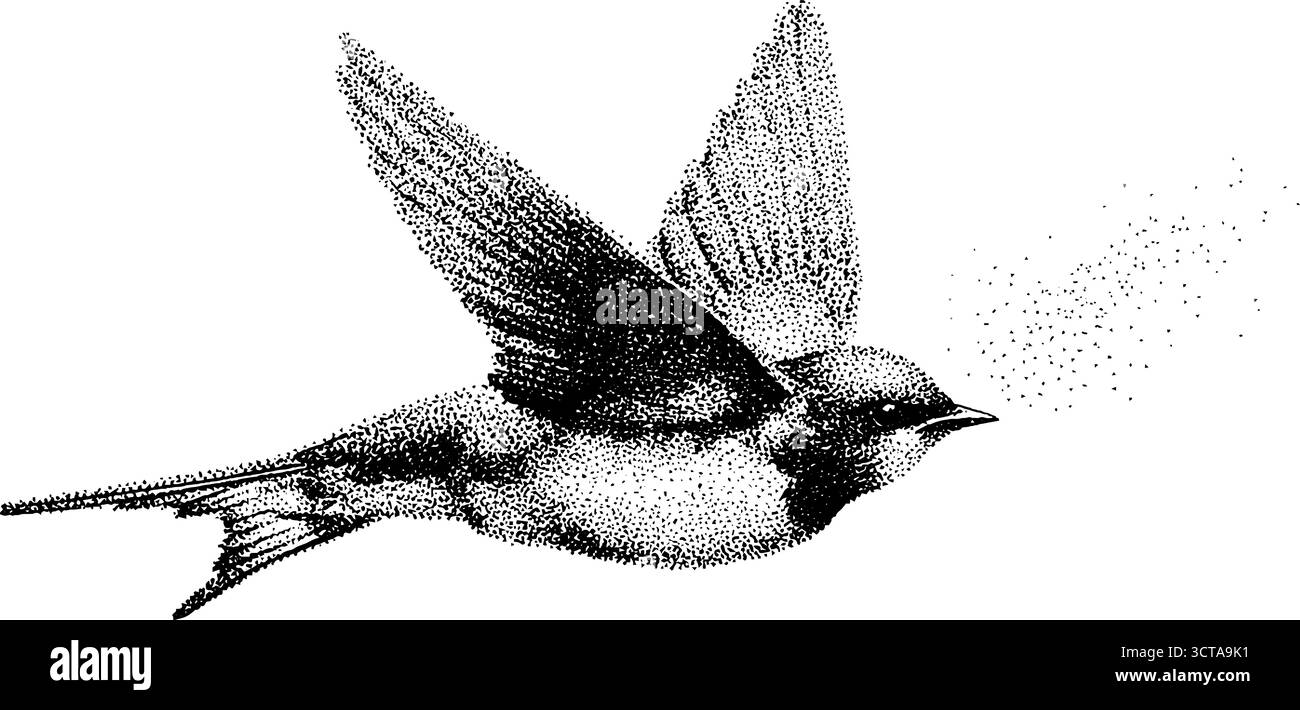 Komplizierte Dotwork-Stippling-Illustration eines detaillierten Vogels im Flug mit Ätzeffekten. Stock Vektor