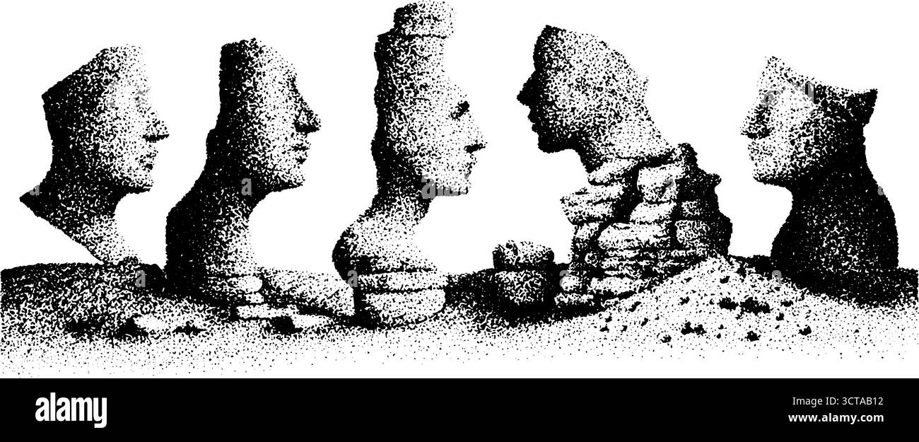 Antike Steinfiguren in Wüstenlandschaft: Detaillierte Dotwork-Illustration. Stock Vektor