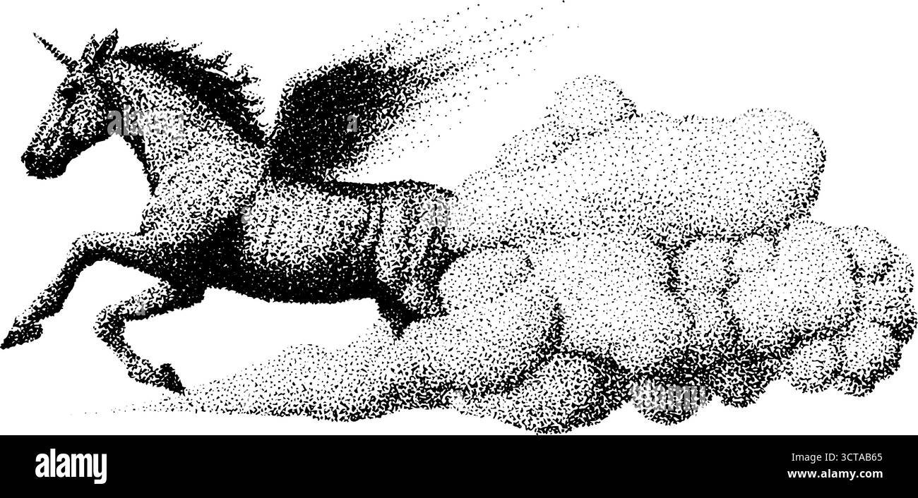 Mythische pegasus in detaillierter Punktstipple-Illustration für Kunst und Design. Stock Vektor